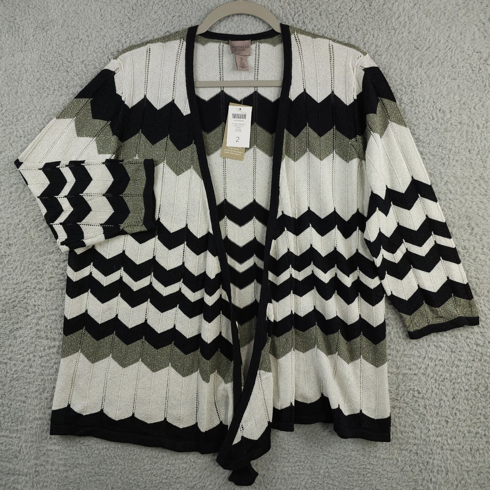 Easywear Chicos Cardigan Womens‎ 2 US L Black White Chevron Trillaire Tie Front